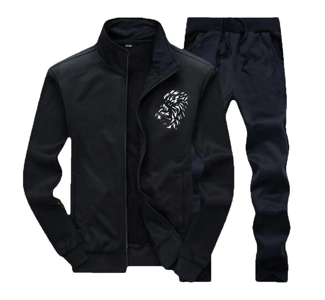 Men's Polyester Plain Zipper Track Suit - 2 Pcs Set in Black