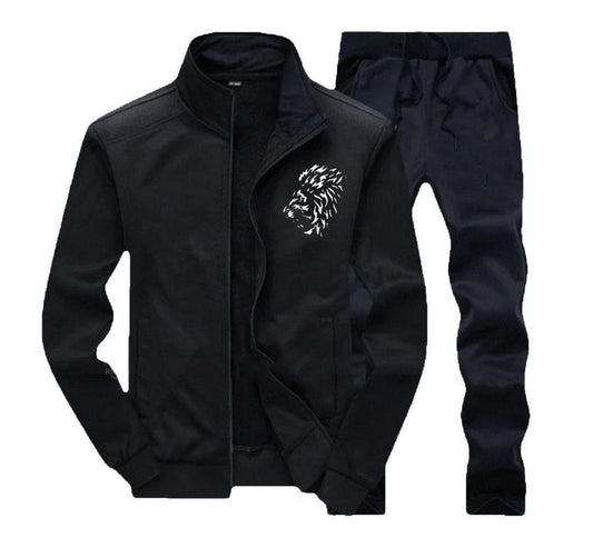 Men's Polyester Plain Zipper Track Suit - 2 Pcs Set in Black