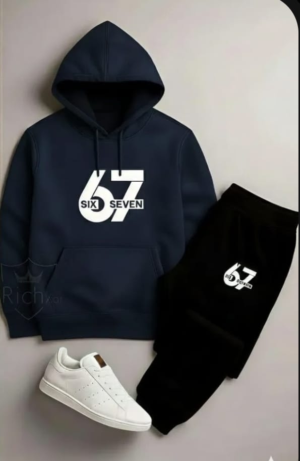 Blue&Black Printed Hoodie Track Suit