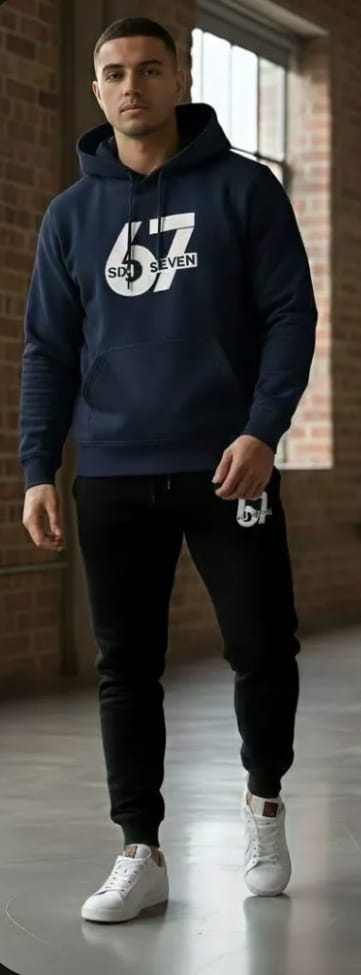 Blue&Black Printed Hoodie Track Suit