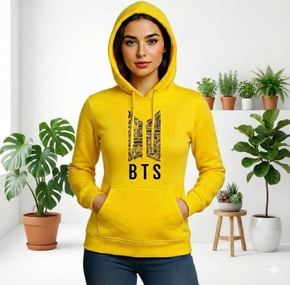 1 Pc Women's Stitched Yelloe Colour Fleece Printed Pullover Hoodie