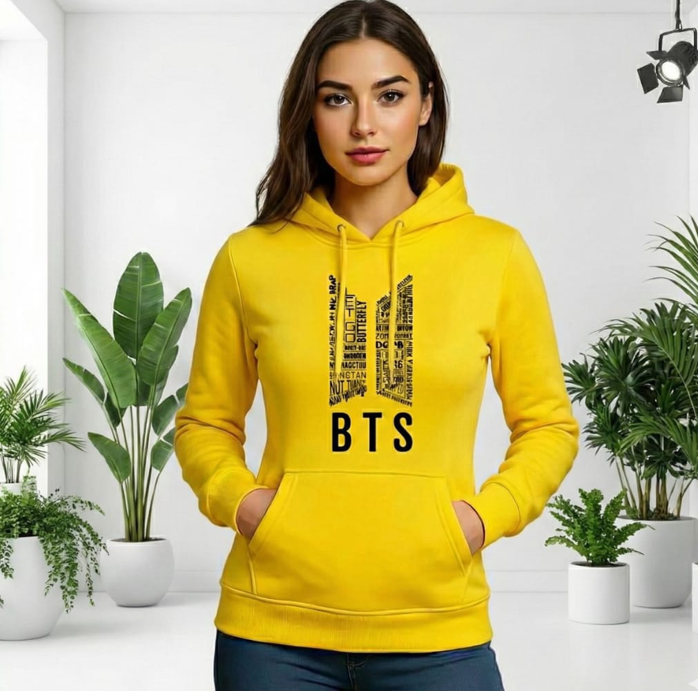 1 Pc Women's Stitched Yelloe Colour Fleece Printed Pullover Hoodie