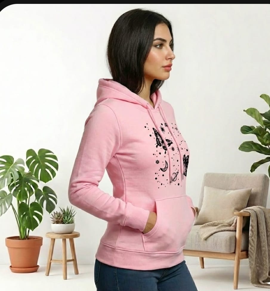 1 Pc Women's Stitched Fleece Printed Pullover Hoodie