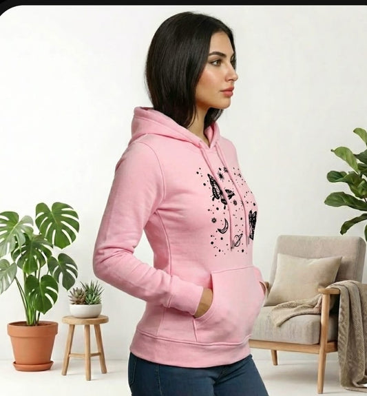 1 Pc Women's Stitched Fleece Printed Pullover Hoodie