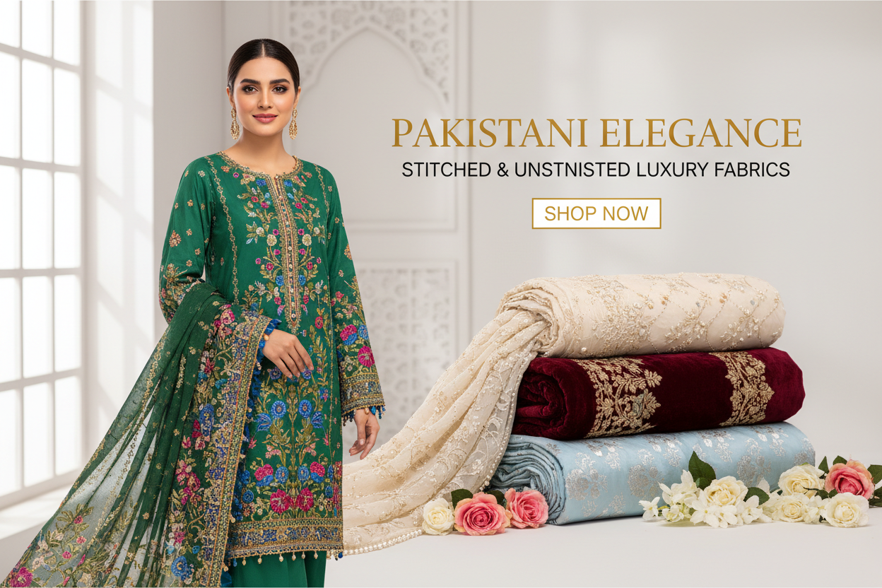 generate a banner in which you add a womens clothes unstitched or stitched of pakistani and  real and add a something look good
